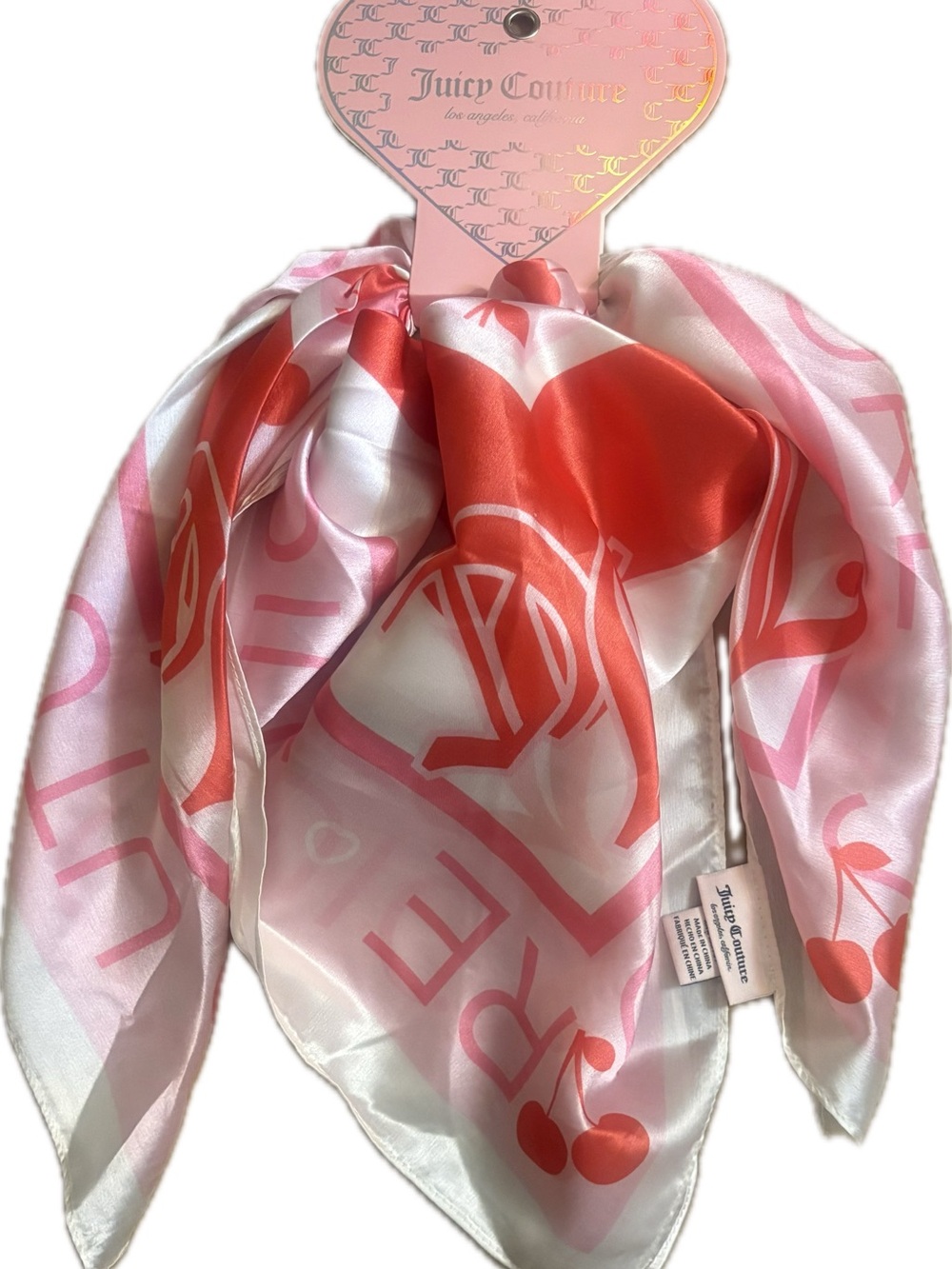 🍒 Juicy Couture Pink & Red Logo Cherries and Hearts Silky Scarf